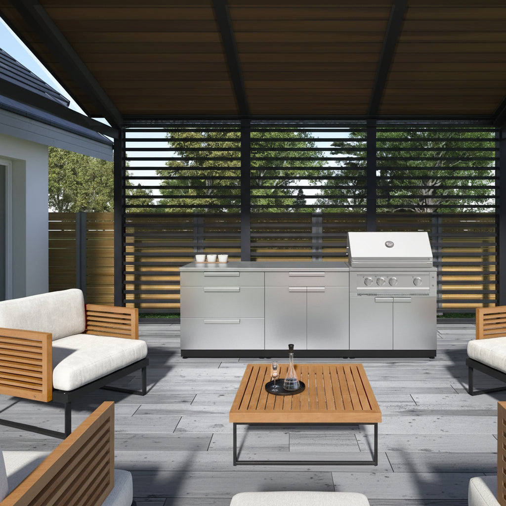 Newage Products Outdoor Kitchen Stainless Steel 3 Piece Cabinet Set with 3-Drawer, Bar and Grill Cabinet
