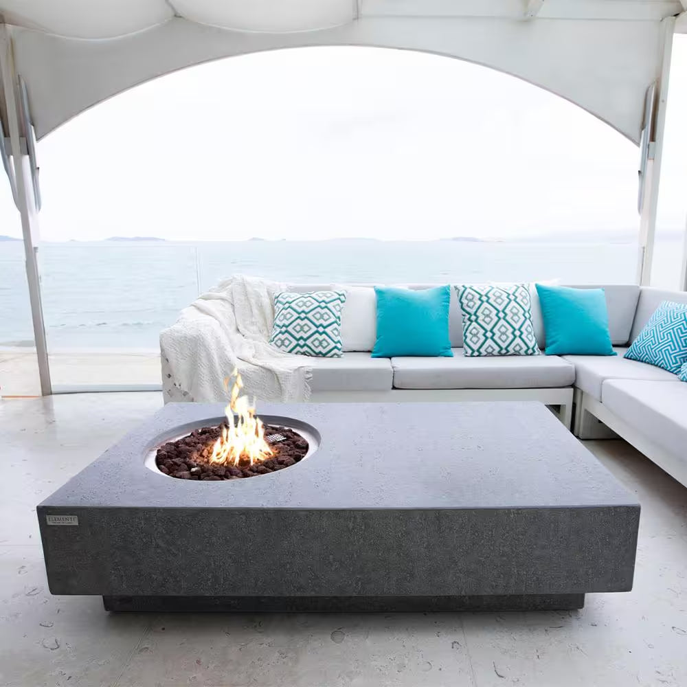 Metropolis Outdoor Fire Pit 56 In. X 32 In. Rectangular Concrete Propane Fire Table with Lava Rocks and Cover