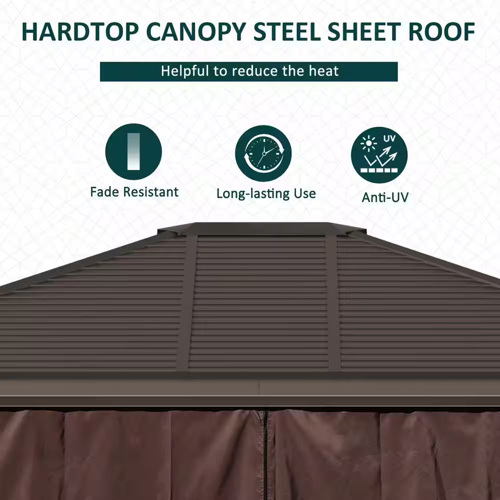 12 Ft. X 10 Ft. Steel Hardtop Canopy Gazebo with Fully Enclosed Zippered Curtains and Roomy Comfortable Interior, Brown