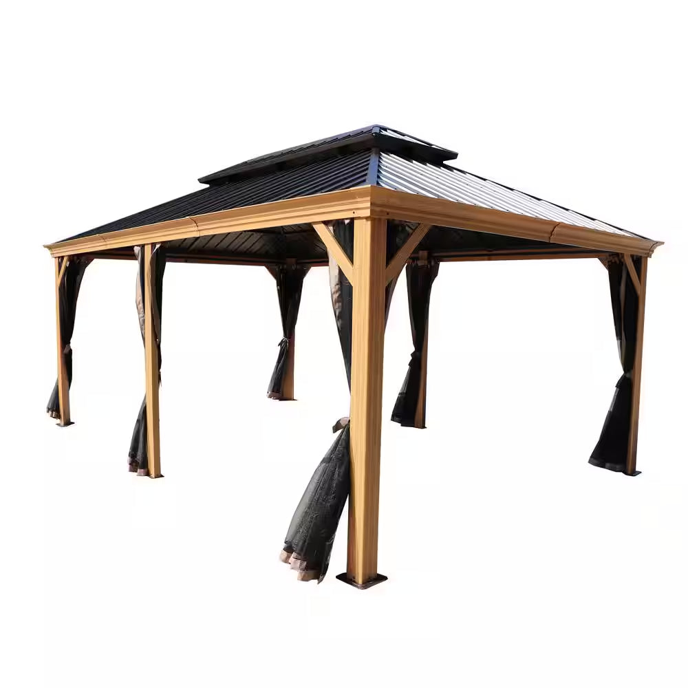 Apollo 12 Ft. X 18 Ft. Wood like Aluminum Hardtop Gazebo with Galvanized Steel Roof and Mosquito Net