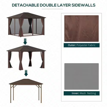 12 Ft. X 10 Ft. Steel Hardtop Canopy Gazebo with Fully Enclosed Zippered Curtains and Roomy Comfortable Interior, Brown