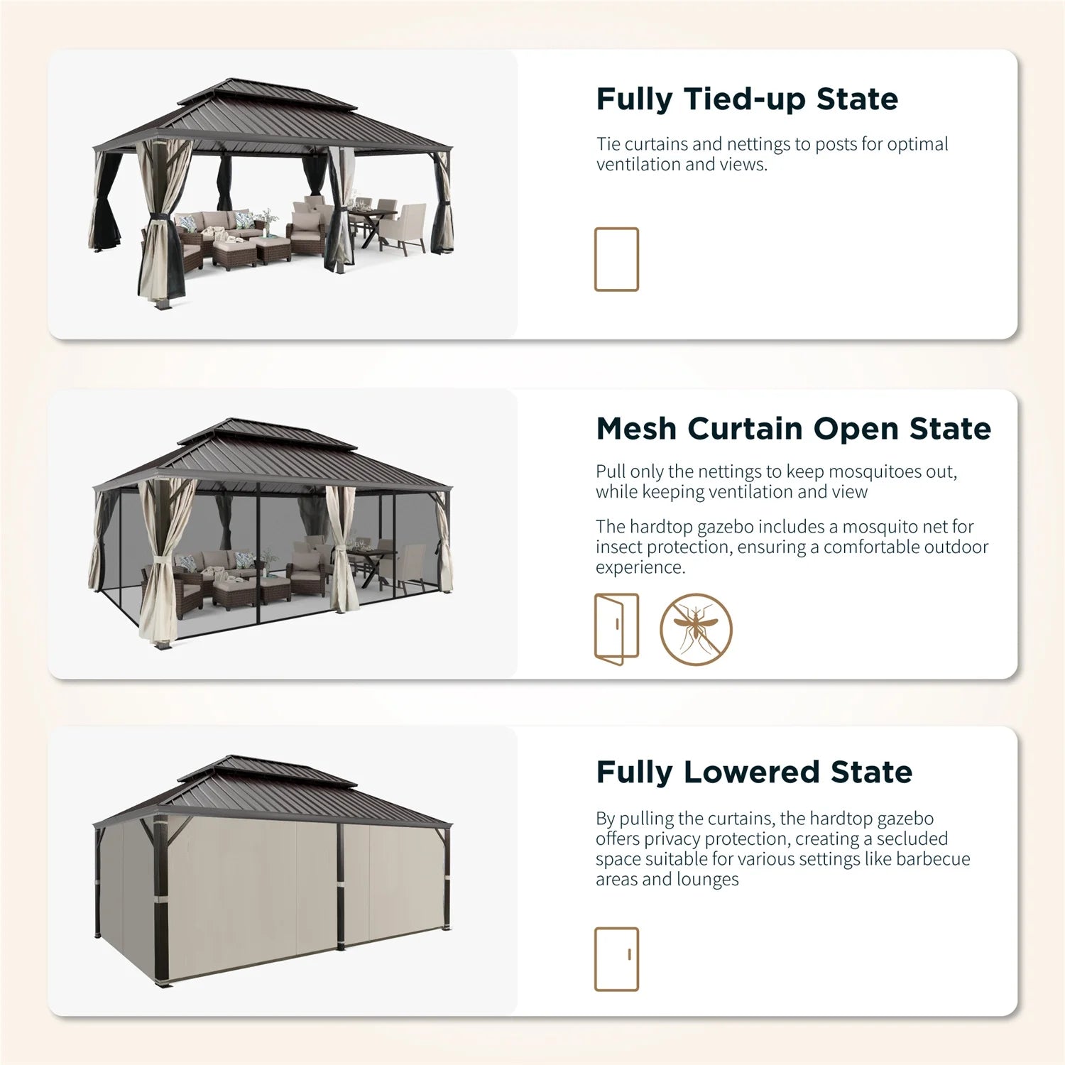 14' X 20' Hardtop Gazebo Aluminum Frame Galvanized Steel Double Roof Patio Gazebo with Netting & Curtains Brown