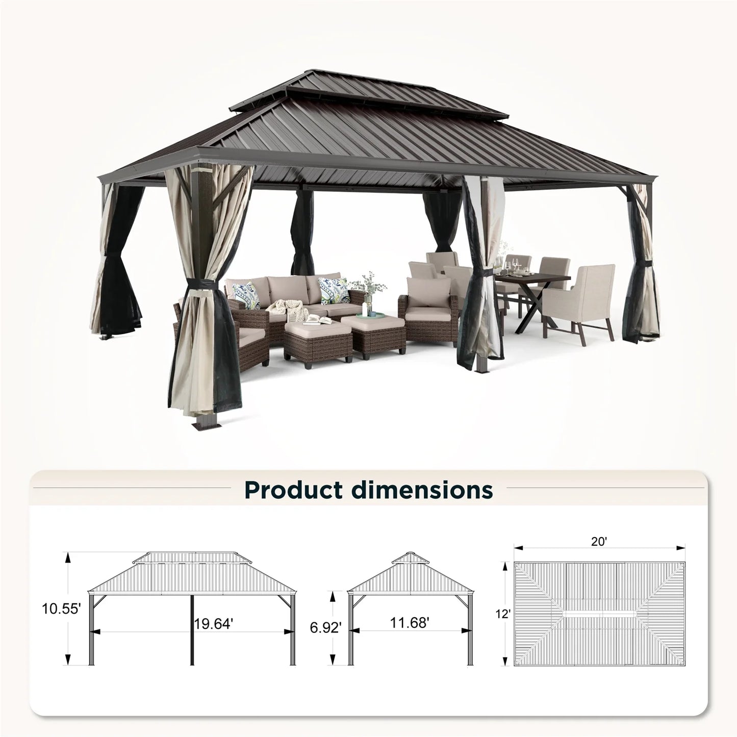 14' X 20' Hardtop Gazebo Aluminum Frame Galvanized Steel Double Roof Patio Gazebo with Netting & Curtains Brown