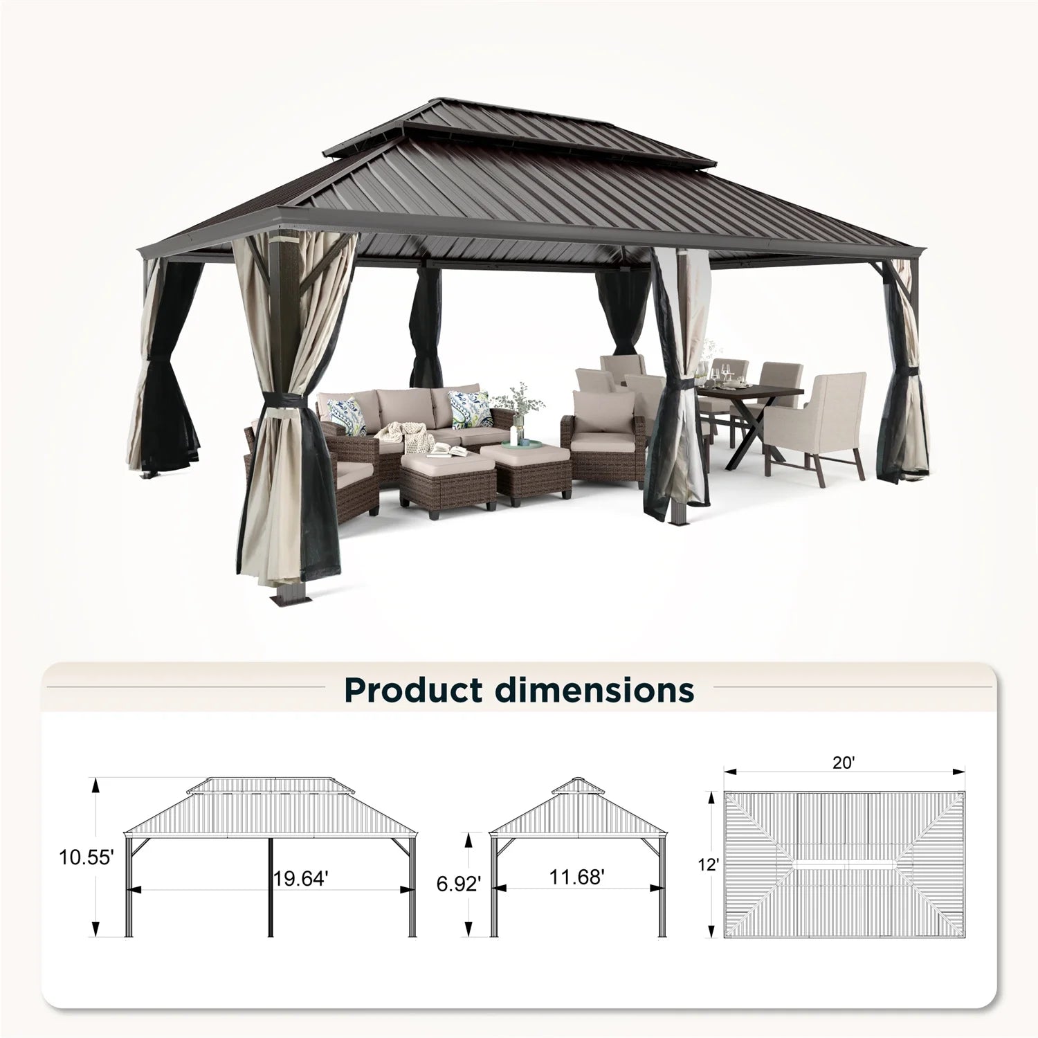 14' X 20' Hardtop Gazebo Aluminum Frame Galvanized Steel Double Roof Patio Gazebo with Netting & Curtains Brown