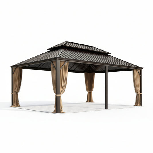 14' X 20' Hardtop Gazebo Aluminum Frame Galvanized Steel Double Roof Patio Gazebo with Netting & Curtains Brown